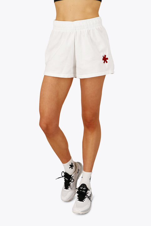 Osaka women short white with logo in red. Front flatlay view