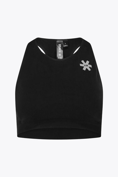 Osaka Women Tech Sports Bra | Faded Black Osaka women tech sports bra in black with logo in grey. Front flatlay view