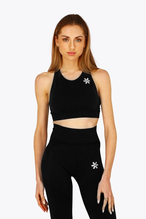 Osaka Women Tech Sports Bra | Faded Black Osaka women tech sports bra in black with logo in grey. Front flatlay view