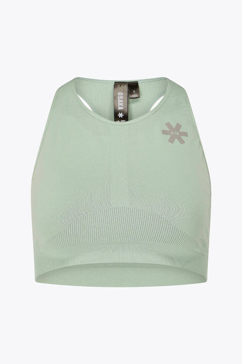 Osaka Women Tech Sports Bra | Jadeite Osaka women tech sports bra in jadeite with logo in grey. Front flatlay view