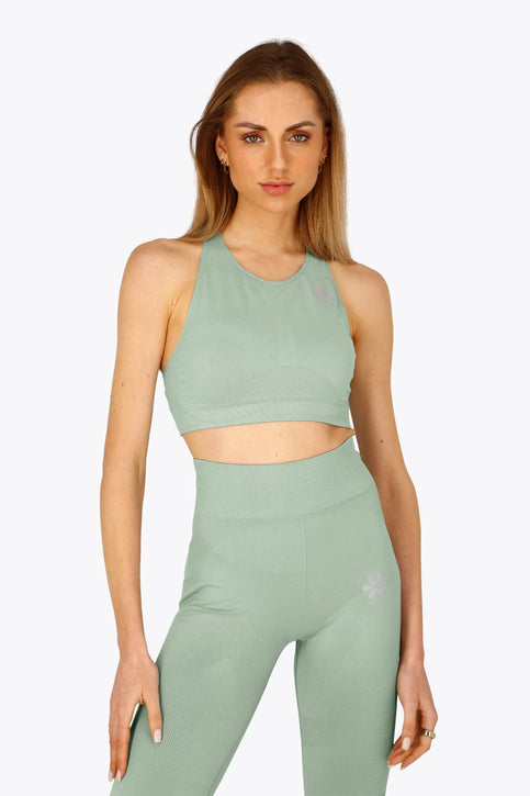 Osaka Women Tech Sports Bra | Jadeite Osaka women tech sports bra in jadeite with logo in grey. Front flatlay view