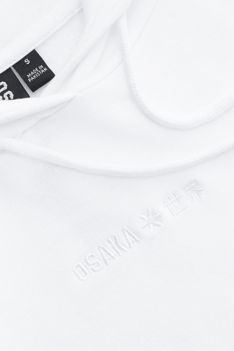 Osaka women cropped hoodie in white with logo in white. Front flatlay detail logoview