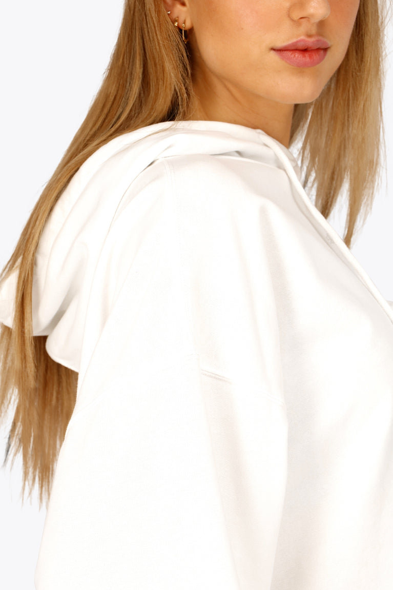 Osaka women cropped hoodie in white with logo in white. Side shoulder view