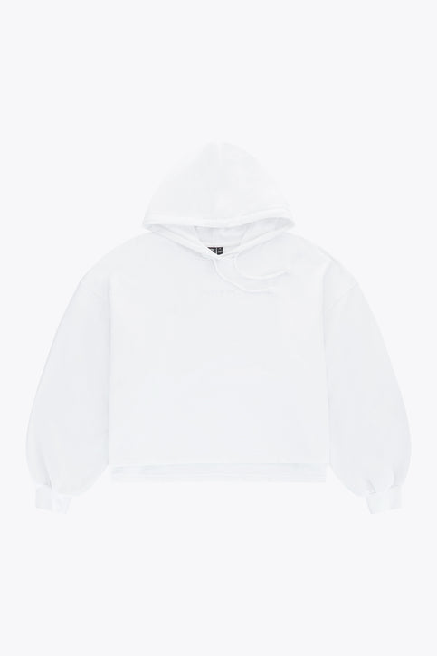 Osaka Women Cropped Hoodie | White Osaka women cropped hoodie in white with logo in white. Front flatlay view