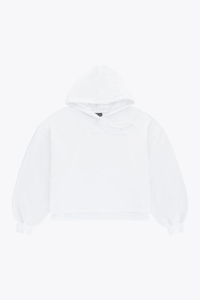 Osaka women cropped hoodie in white with logo in white. Front flatlay view