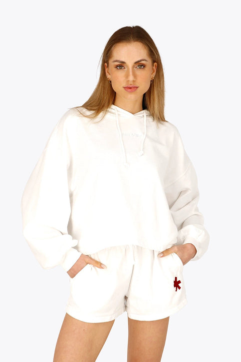 Osaka Women Cropped Hoodie | White Osaka women cropped hoodie in white with logo in white. Front flatlay view