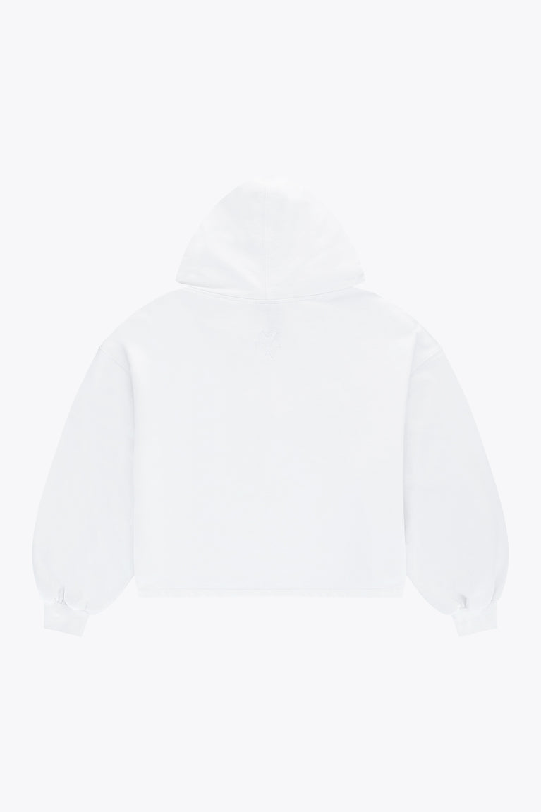 Osaka women cropped hoodie in white with logo in white. Back flatlay view