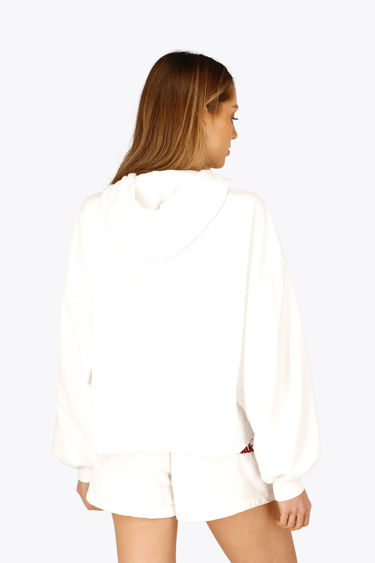 Osaka women cropped hoodie in white with logo in white. Back view