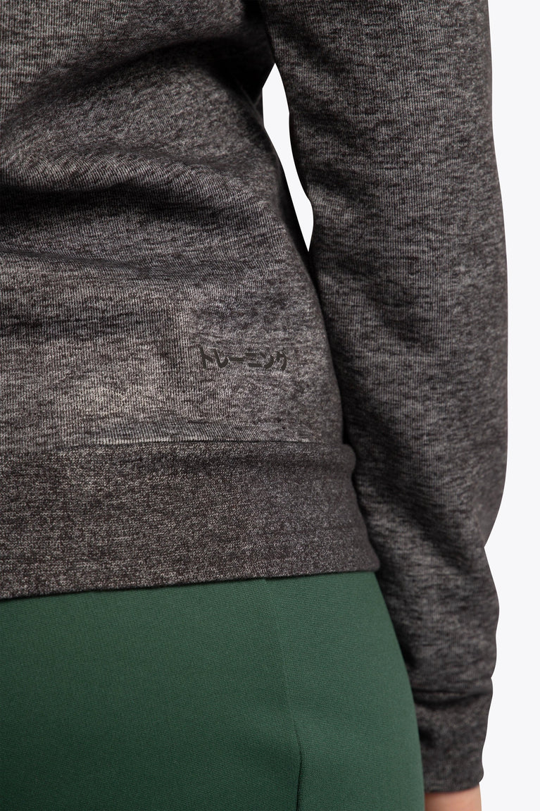 Osaka women techleisure sweater in black melange. Back detail sleeve view