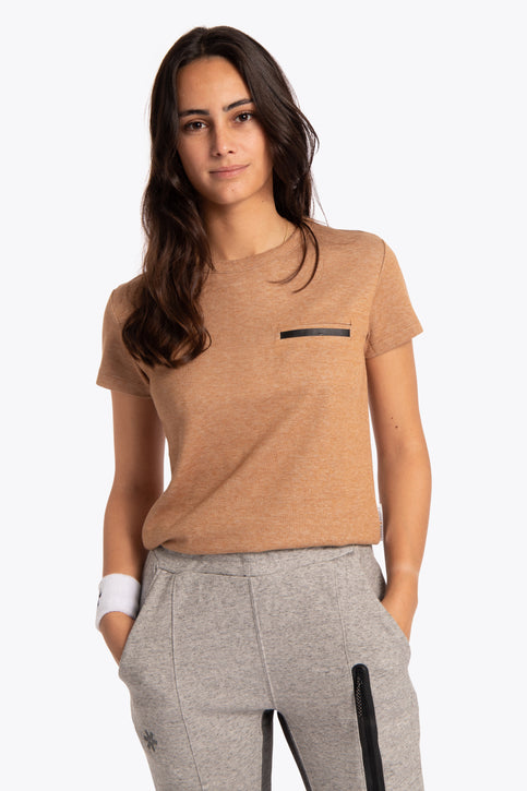 Osaka Women Short Sleeve Tee | Camel Woman wearing the Osaka women short sleeve tee in camel. Front view