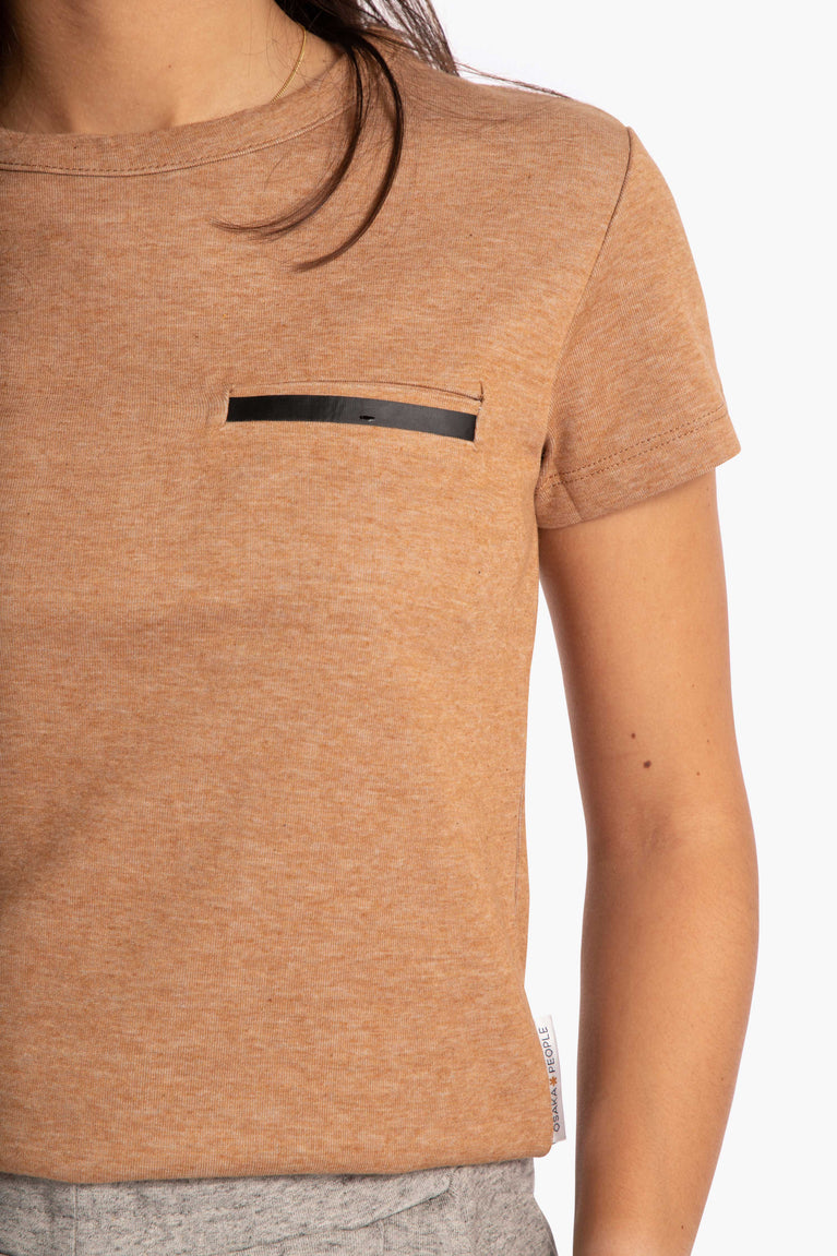 Woman wearing the Osaka women short sleeve tee in camel. Detail front view