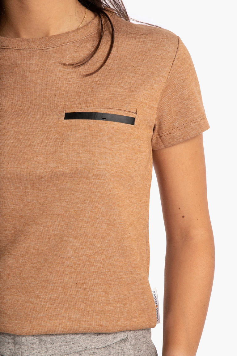 Woman wearing the Osaka women short sleeve tee in camel. Detail front view