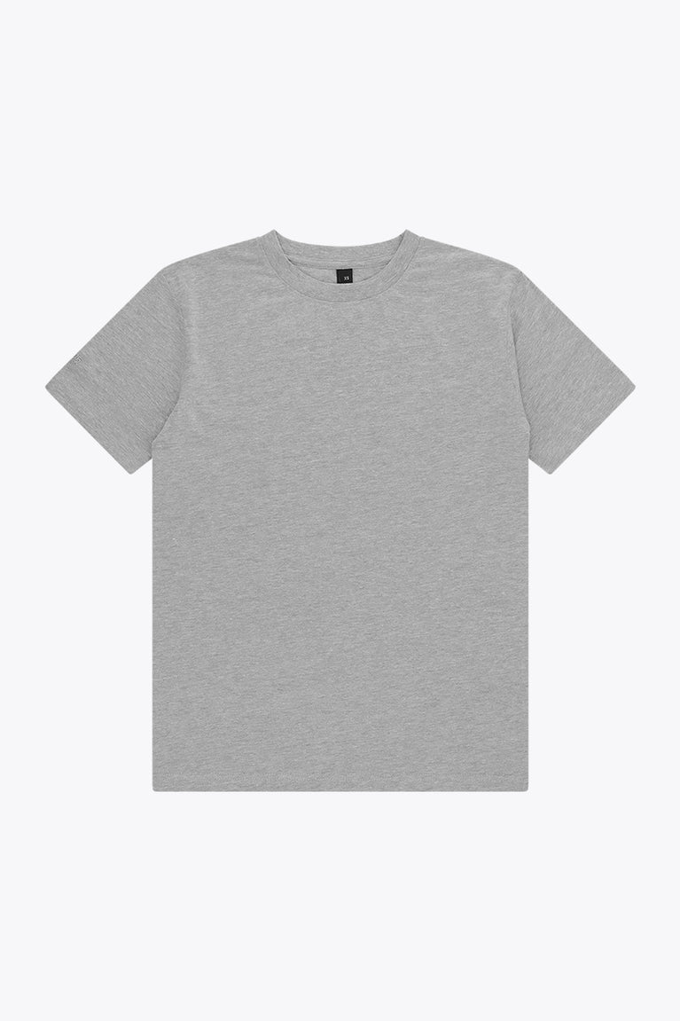 Osaka unisex basic tee in heather grey. Front flatlay view