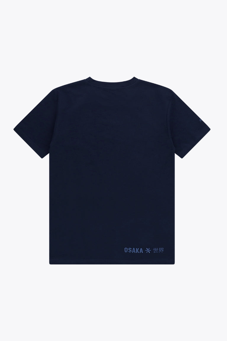 Osaka unisex basic tee in navy. Back flatlay view