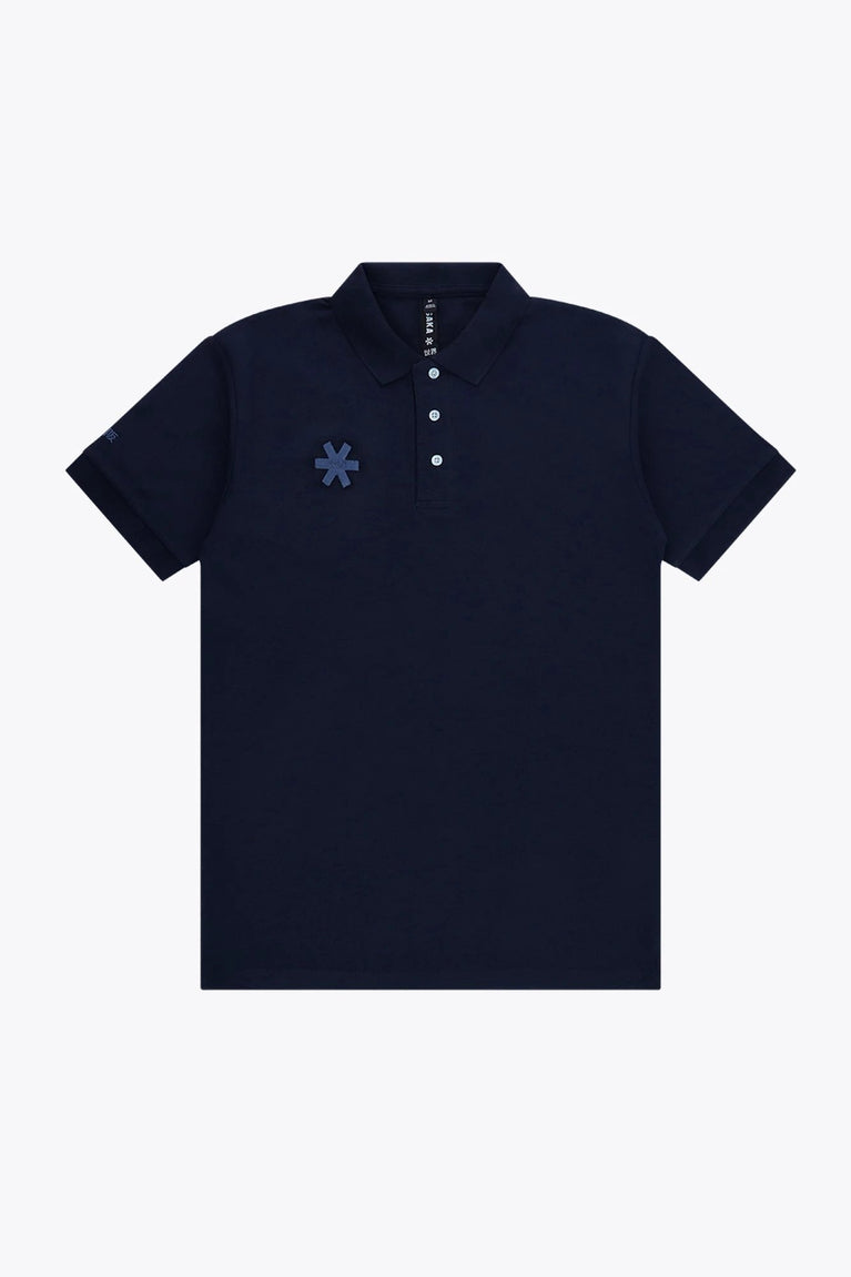 Osaka unisex basic polo in navy with navy logo. Front flatlay view