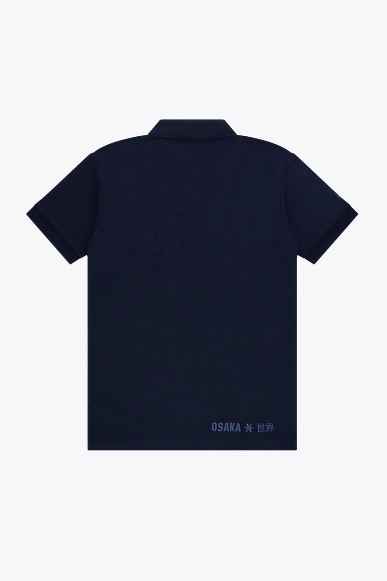 Osaka unisex basic polo in navy with navy logo. Back flatlay view