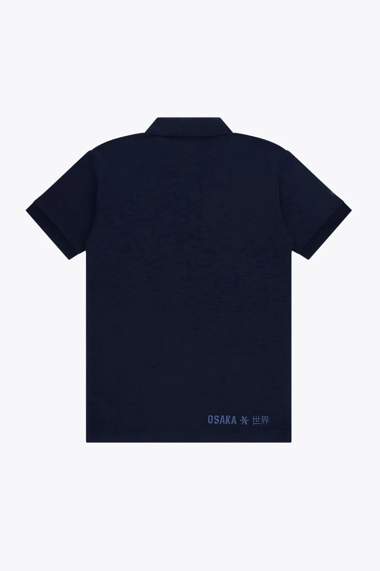 Osaka unisex basic polo in navy with navy logo. Back flatlay view