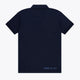 Osaka unisex basic polo in navy with navy logo. Back flatlay view