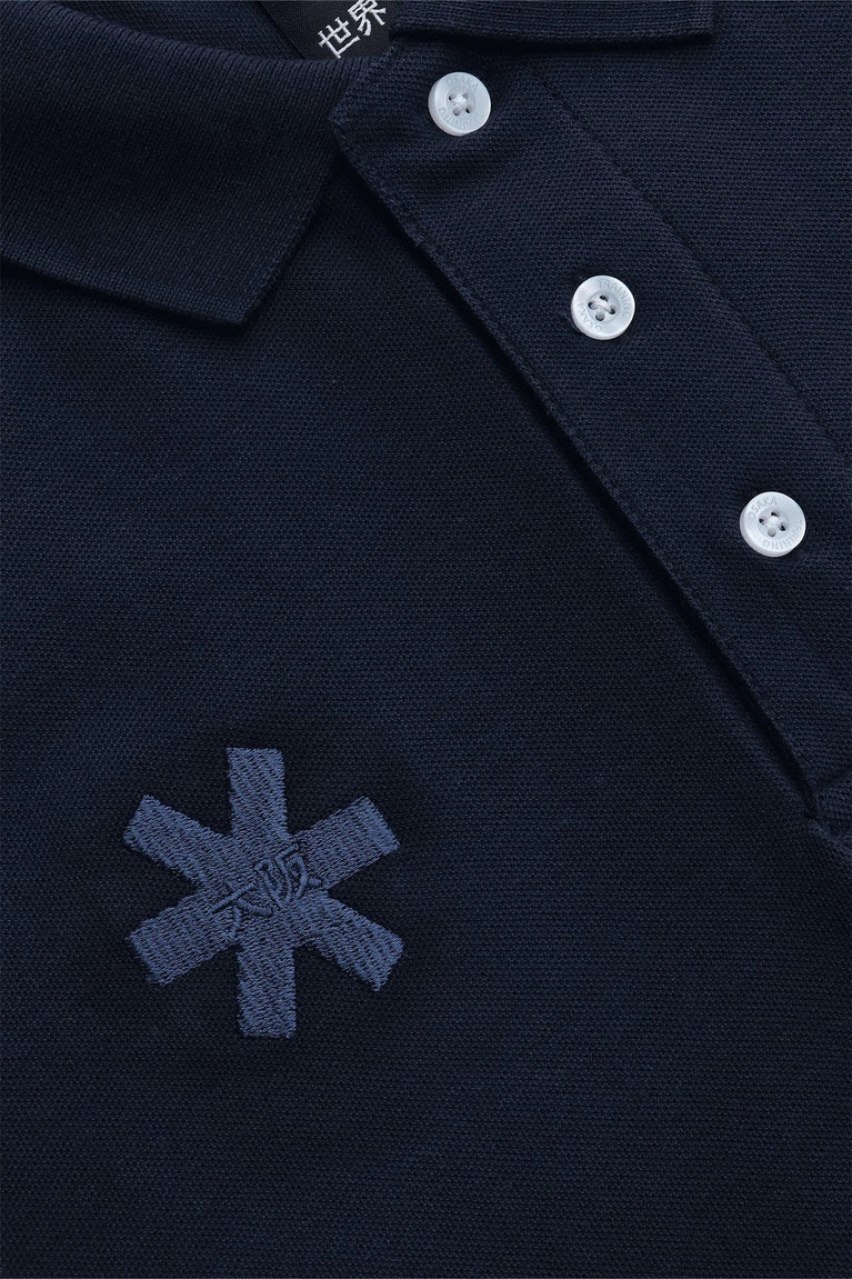 Osaka unisex basic polo in navy with navy logo. Front detail logo view
