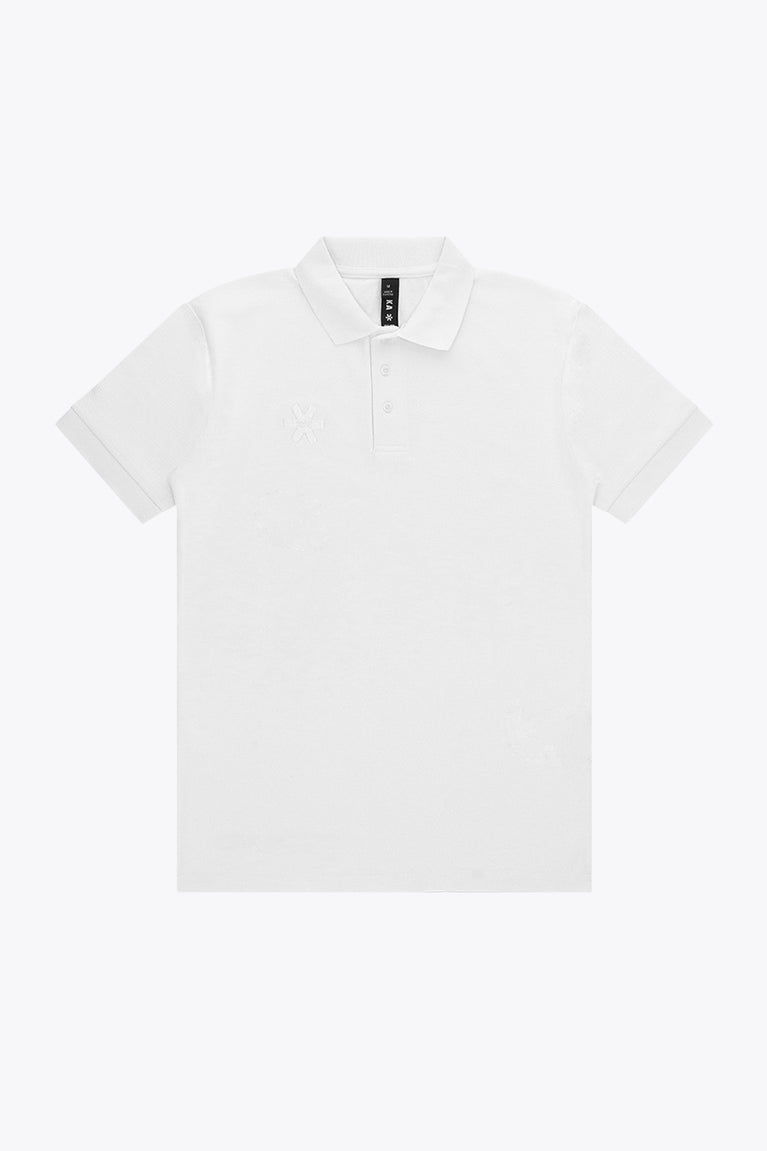 Osaka unisex basic polo in white with white logo. Front flatlay view