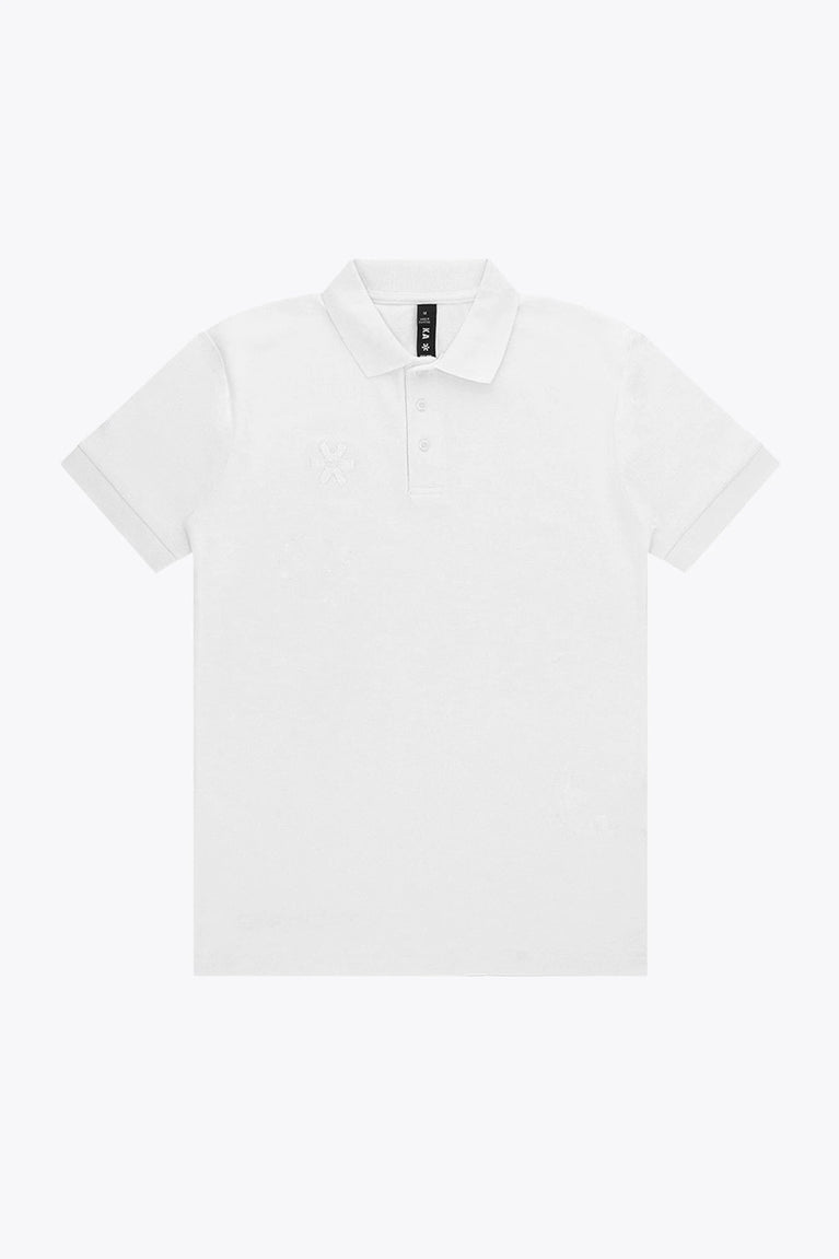 Osaka unisex basic polo in white with white logo. Front flatlay view