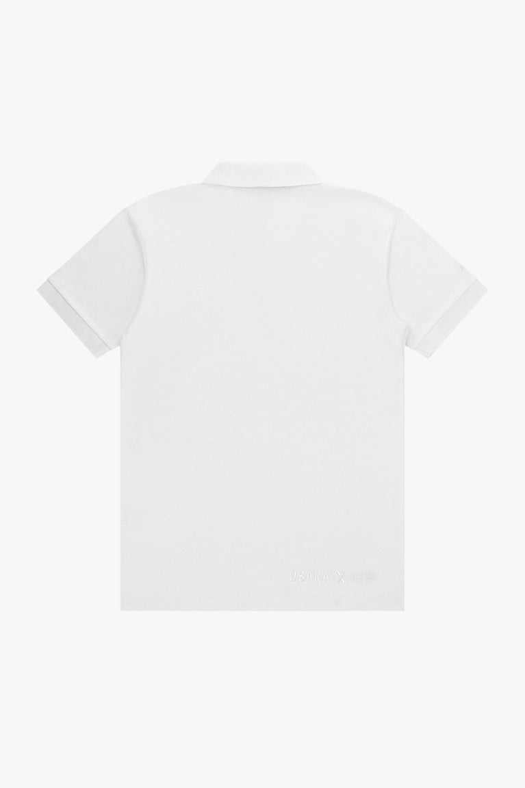 Osaka unisex basic polo in white with white logo. Back flatlay view