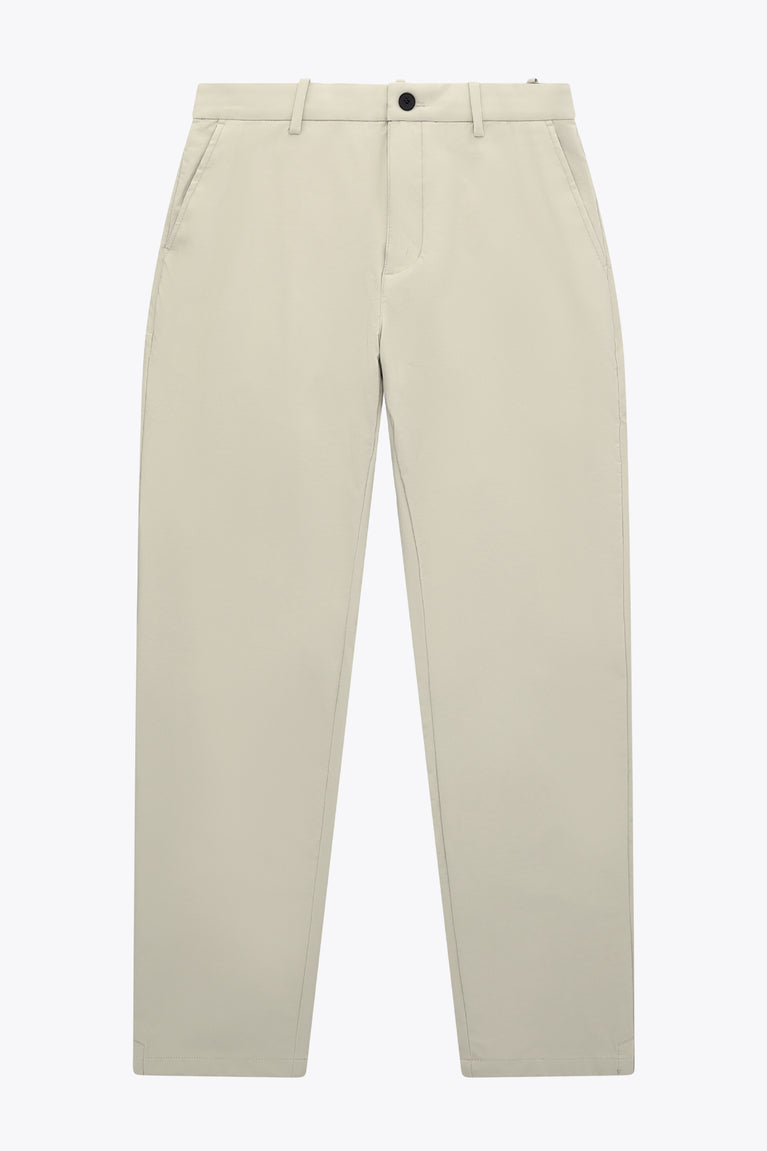 Beige men’s technical golf pants with belt loops, flat front, and side pockets