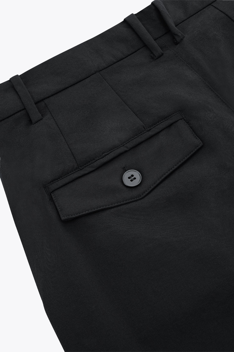 Black men’s technical golf pants with zip front, button, and utility pocket