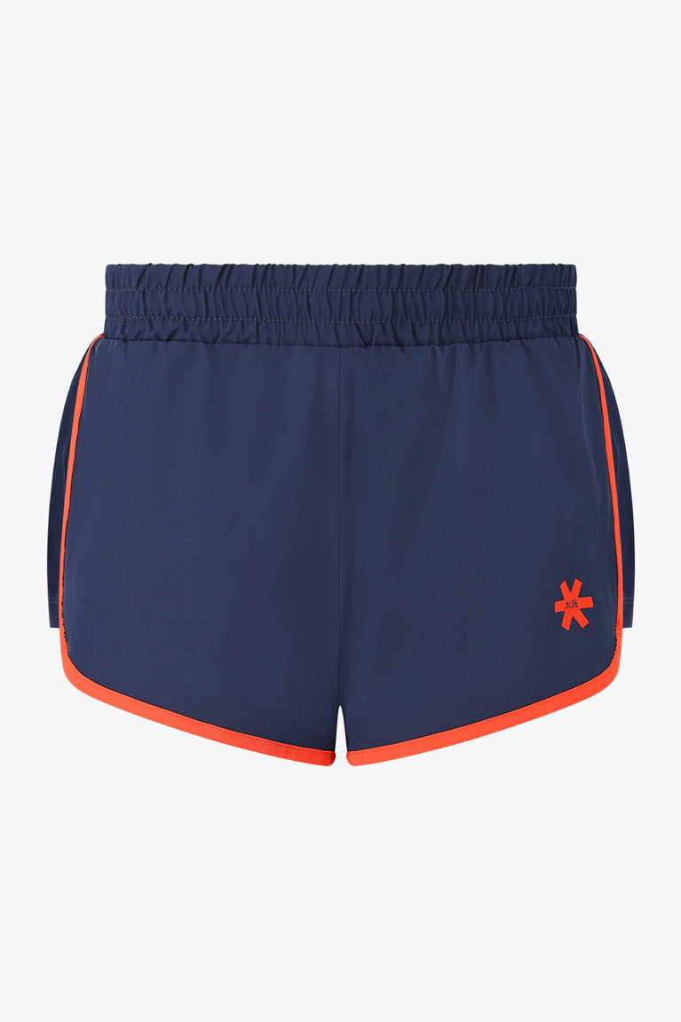 Navy women’s court short with elastic waistband and orange side stripes