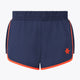 Navy women’s court short with elastic waistband and orange side stripes