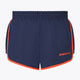Navy women’s court short with elastic waistband, orange piping, OSAKA logo