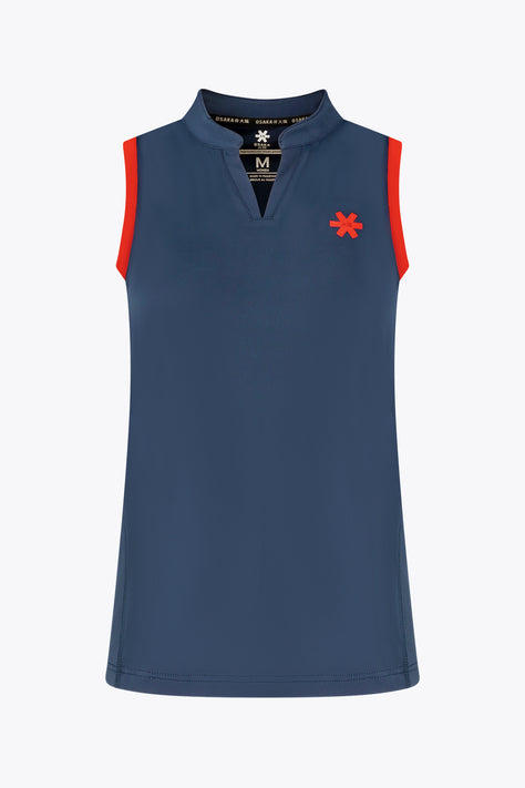 Osaka Women Court Tank Top | Olympian Women’s court tank top, navy-blue with V-neck, orange side panels, red logo