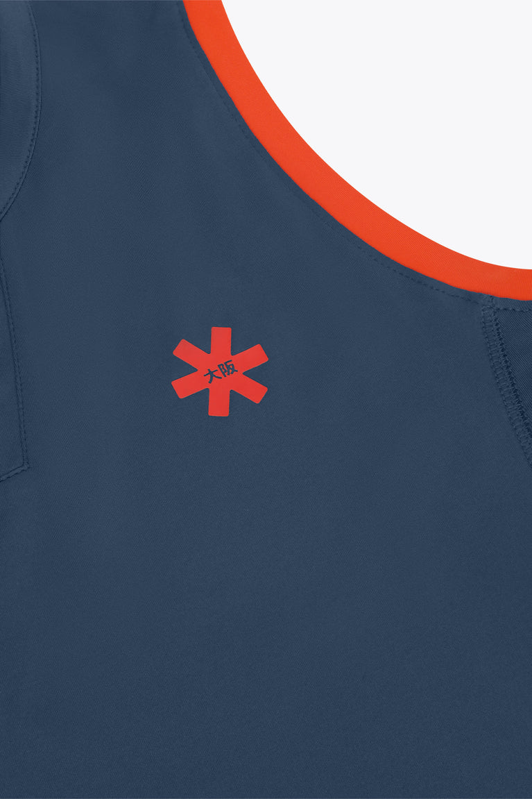 Women’s court tank top chest logo, navy-blue with orange trim and red emblem
