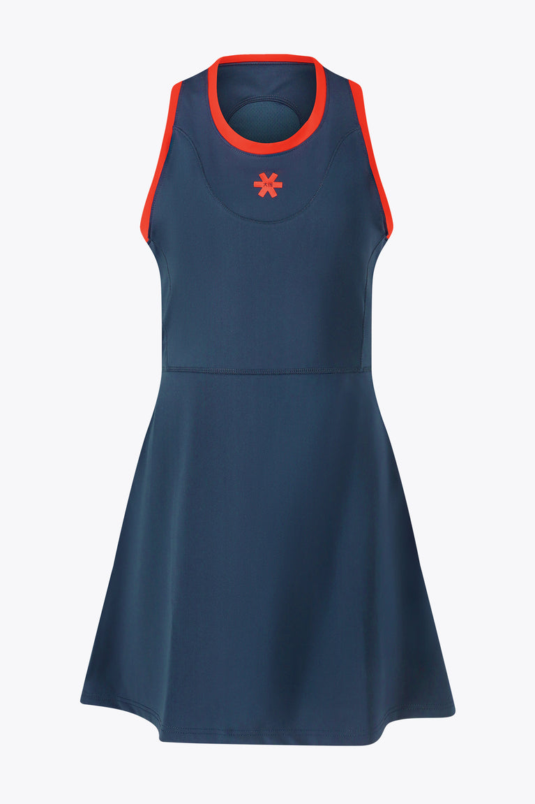 Women’s navy sleeveless dress with red neck trim and star logo at chest