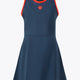 Women’s navy sleeveless dress with red neck trim and star logo at chest