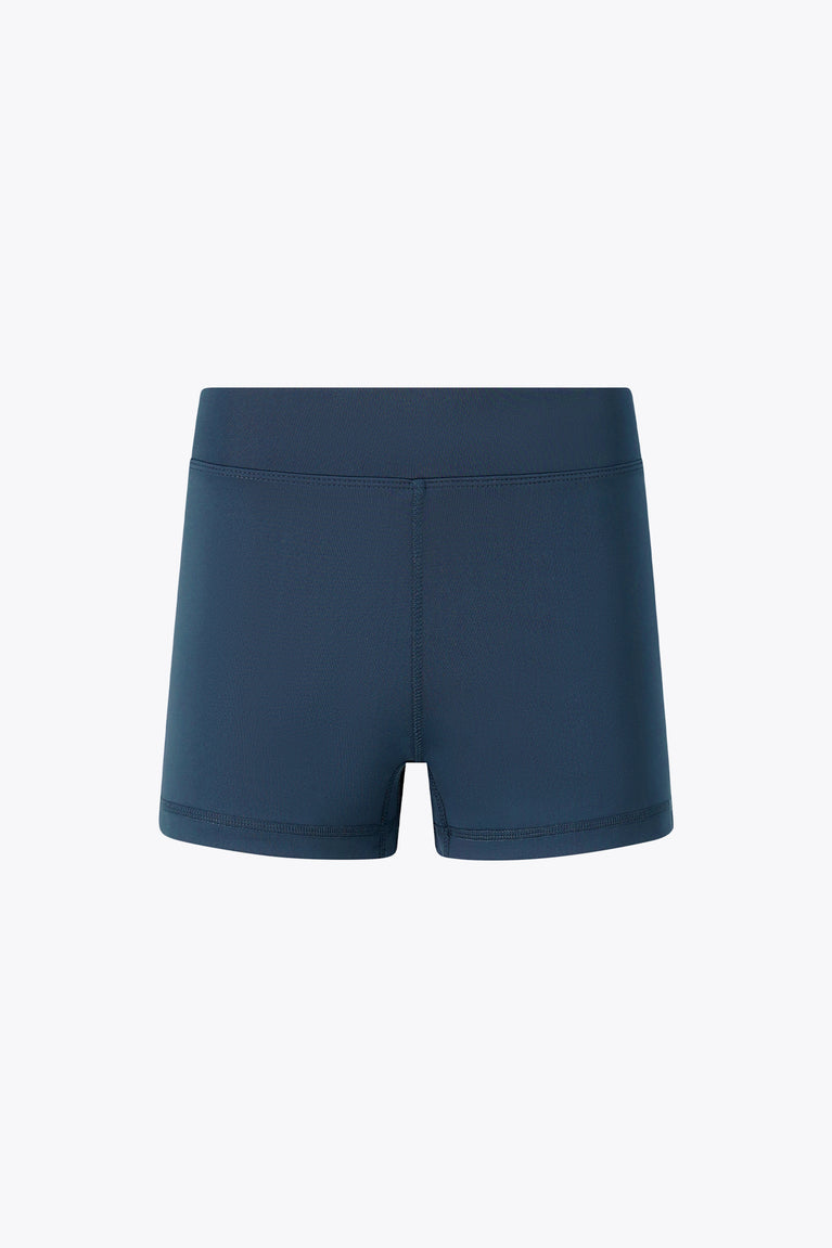 Women’s navy blue fitted shorts with visible waistband seam