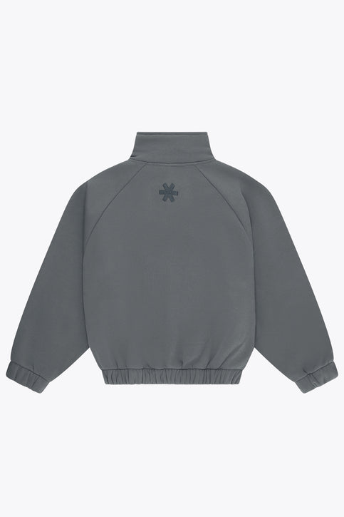 Osaka Women Full Zip Sweater | Dark Grey Melange Women’s dark grey melange full-zip sweater with stand collar and gold zipper trim