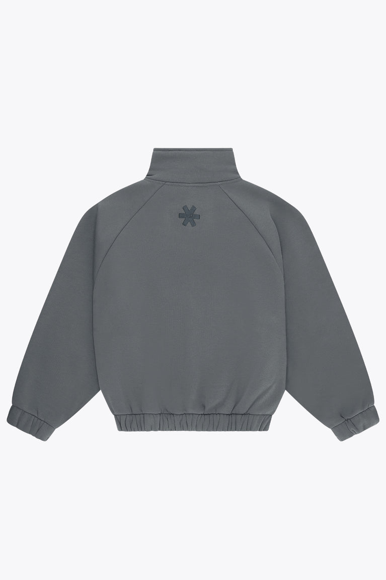 Women’s dark grey full-zip sweater, back view, stand collar with small logo