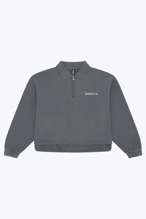Osaka Women Polo Zip Sweater | Dark Grey Melange Women’s dark grey melange zip polo sweater, ribbed collar and hem cuffs