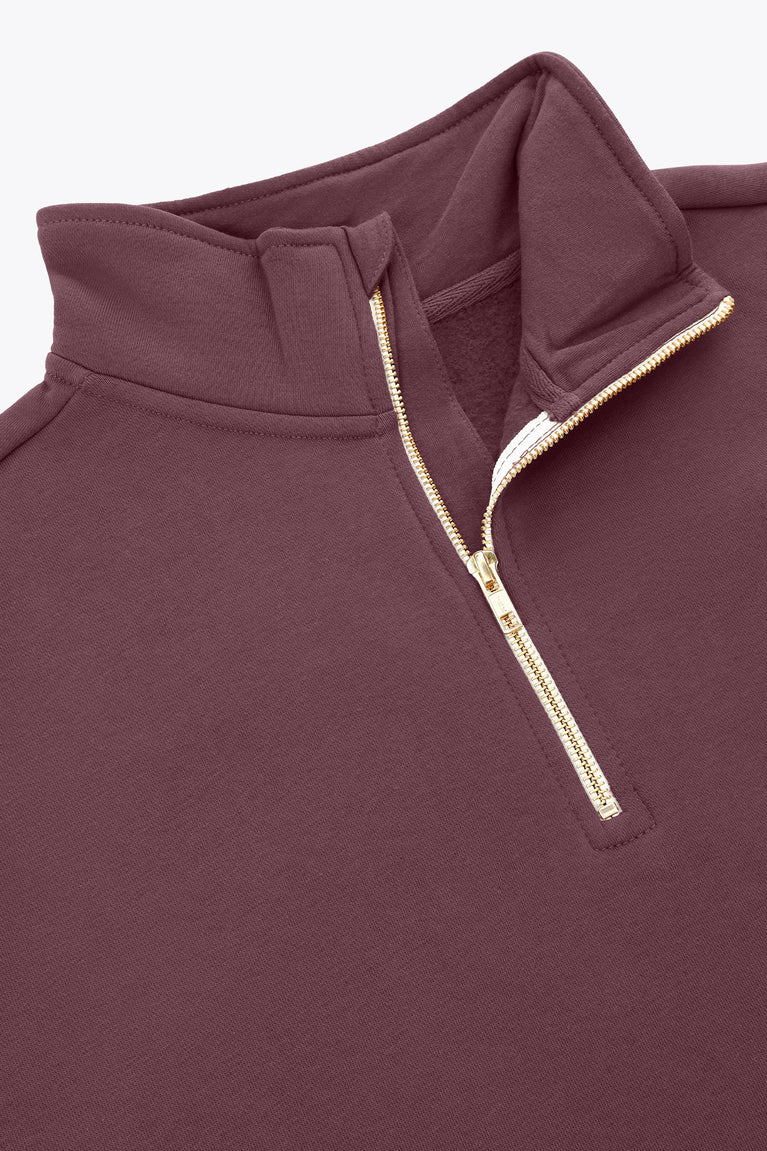Men's Peppercorn half-zip sweater close-up of stand collar and gold zipper