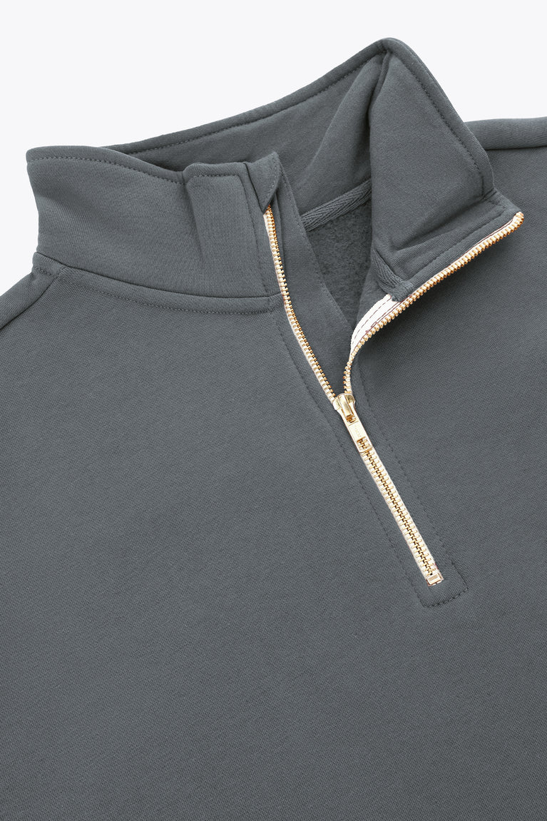 Dark grey half-zip sweater detail with two-tone zipper and raised stand collar
