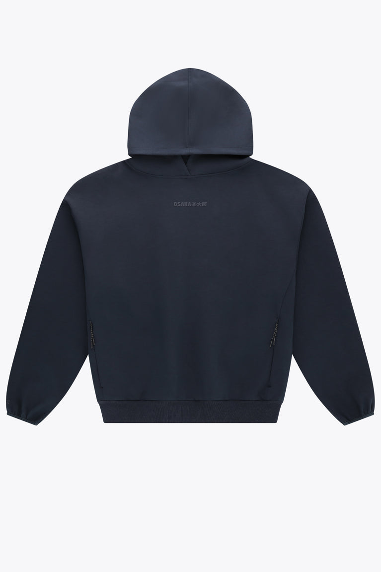 Navy unisex knit hoodie with hood and kangaroo pocket