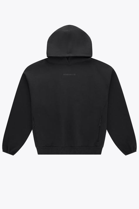 Osaka Unisex Hoodie Neo Knit | Black Black unisex hoodie with pullover hood and kangaroo pocket, back view.