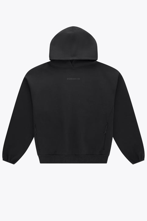 Osaka Unisex Hoodie Neo Knit | Black Black unisex hoodie with pullover hood and kangaroo pocket, back view.