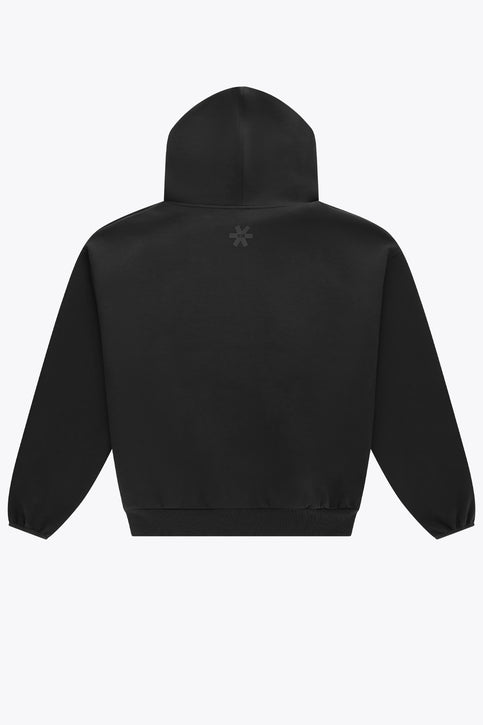 Osaka Unisex Hoodie Neo Knit | Black Black unisex hoodie with pullover hood and kangaroo pocket, back view.