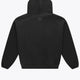Black unisex hoodie with pullover hood and kangaroo pocket, back view detail.