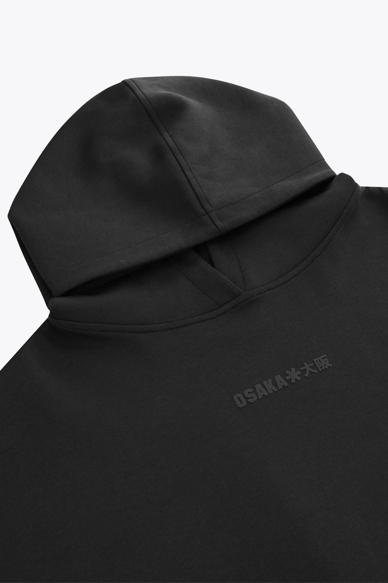 Black unisex hoodie hood with drawstring and stitched collar seam.