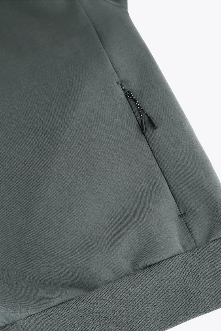 Dark grey melange unisex hoodie front with drawstring and kangaroo pocket seam