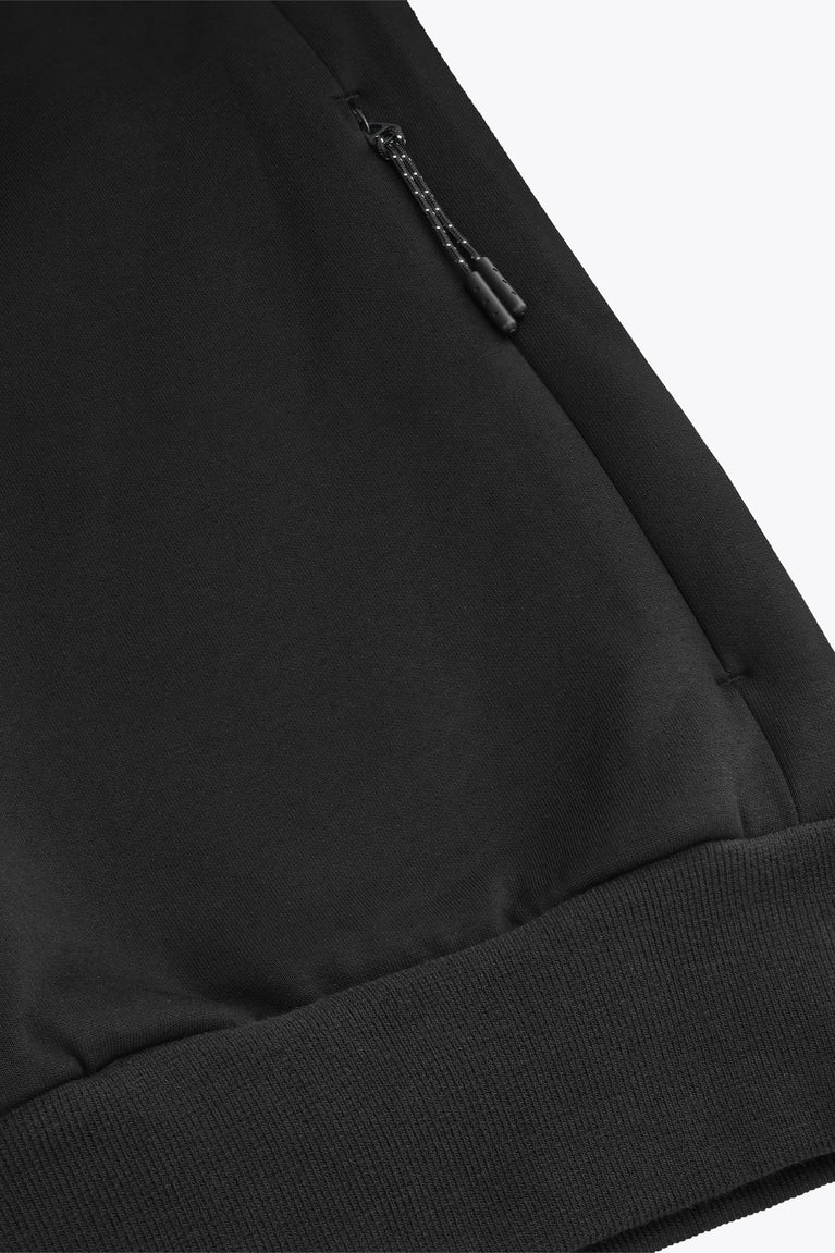 Black sweater sleeve cuff with small zipper pull and cord detail