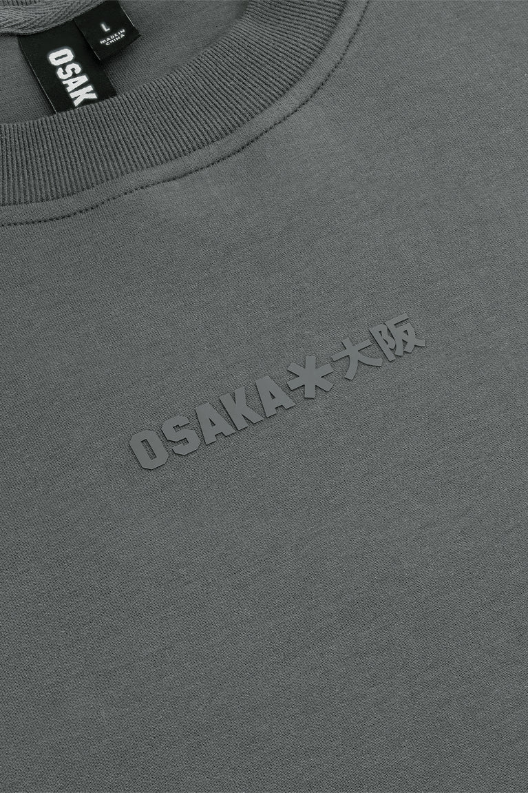 Unisex sweater close-up: dark grey melange knit, chest graphic logo, neck label